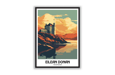 Eilean Donan, Scotland. Vintage Travel Posters. Vector art. Famous Tourist Destinations Posters Art Prints Wall Art and Print Set Abstract Travel for Hikers Campers Living Room Decor