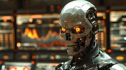 A cyborg sits at a desk in a high-tech luxurious office. Background is blurred many screens. It indicates that world systems such as the economy or finance sometimes it can be controlled by computer.