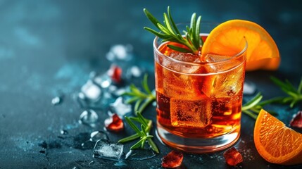 a glass of ice tea with an orange slice and rosemary sprig on a blue background with ice cubes.