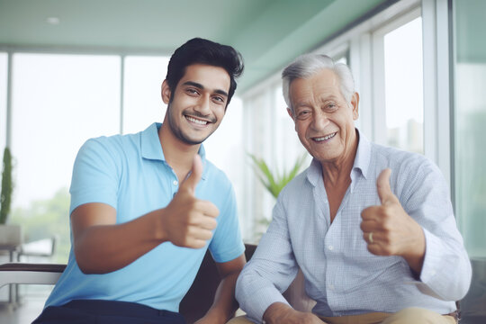 father and son showing thumps up