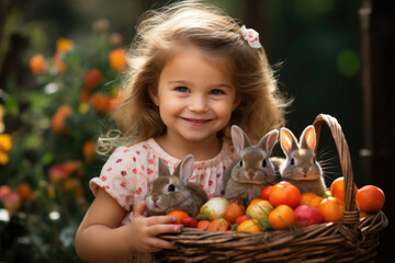 Fototapeta na wymiar Adorable little girl holding basket of colorful Easter eggs in sunny garden