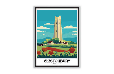 Glastonbury, Somerset. Vintage Travel Posters. Vector art. Famous Tourist Destinations Posters Art Prints Wall Art and Print Set Abstract Travel for Hikers Campers Living Room Decor