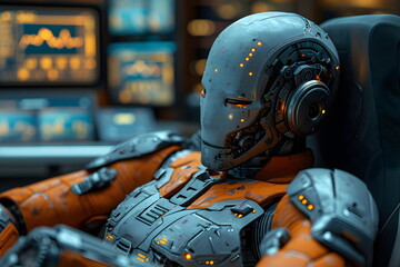 A cyborg sits at a desk in a high-tech luxurious office. Background is blurred many screens. It indicates that world systems such as the economy or finance sometimes it can be controlled by computer.