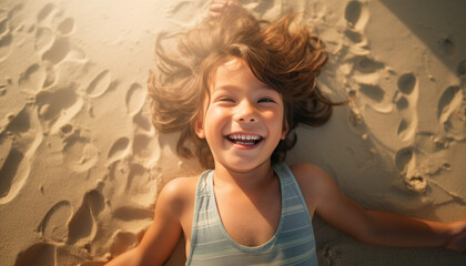 A happy young boy lying on a sunny sand beach