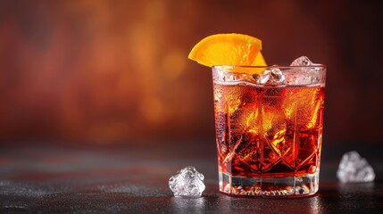  a close up of a drink in a glass with an orange slice on the rim and ice cubes on the table.