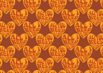 Love heart seamless pattern illustration. Retro 1970s style romantic background print. Valentine's day holiday backdrop texture, romantic phrases wedding wallpaper design.