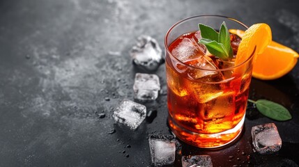  a close up of a drink in a glass with ice cubes and an orange slice on a black table.