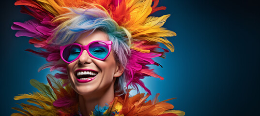 a granny funny old woman with colorful feathers and wig smiling, copy space