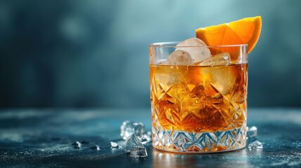 a close up of a glass of alcohol with an orange slice and ice cubes on a table with a blurry background.
