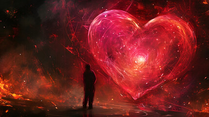 A solitary figure stands before a towering heart, lost in contemplation of love's vast power and unfathomable depths