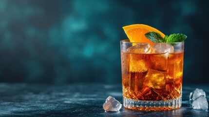  a close up of a glass of ice tea with an orange slice on the rim and mint on the rim.