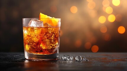  a close up of a drink in a glass with ice and a slice of orange on a table with a boke of lights in the background.