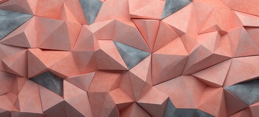 Abstract wide pink gray concrete texture with geometric triangular 3d triangles pattern wall background banner illustration, textured backdrop for design web, wallpaper