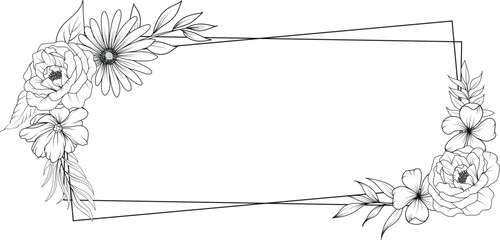 floral frame with line art wildflower wreath. flower bouquet sketch