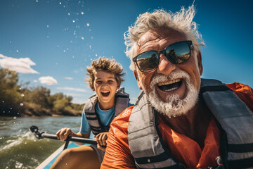 An adventurous senior man and his grandchild experiencing the thrill of kayaking together, fostering a sense of adventure and teamwork.