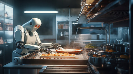 Robot cooking pizza in a restaurant kitchen. 3d rendering. generativa IA