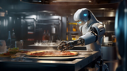 Fototapeta na wymiar humanoid robot cooking pizza in a restaurant or cafe. generativa IA