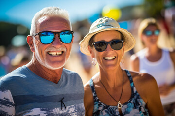 An active senior couple and their grandkids enjoying a lively day of beach volleyball, embodying the spirit of playfulness and family fun. - obrazy, fototapety, plakaty