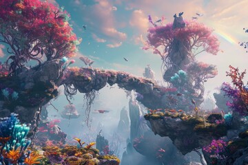  Breathtaking dream world with floating islands, rainbow bridges, and ethereal creatures, an awe-inspiring dreamscape featuring floating islands, rainbow bridges, and enchanting ethereal beings. - obrazy, fototapety, plakaty