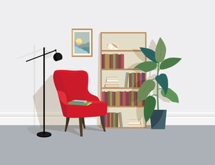 Living room interior with red armchair, bookcase and floor lamp. Vector flat illustration.