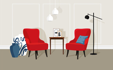Classic living room interior with red armchairs, floor lamp and Chinese vases. Vector flat illustration.