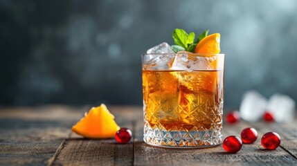  a close up of a glass of ice tea with orange slices and mint on a wooden table with cranberries.
