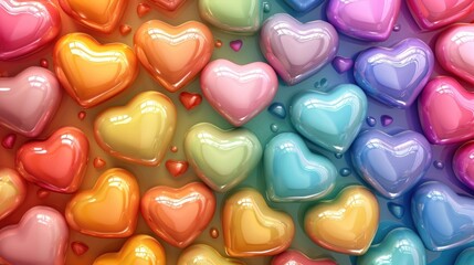 a bunch of colorful hearts that are in the middle of a rainbow - hued background with drops of water on them.