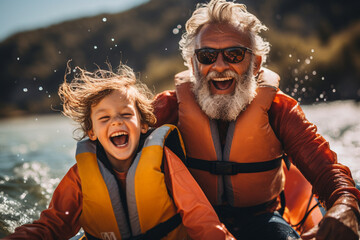 An adventurous senior man and his grandchild experiencing the thrill of kayaking together, fostering a sense of adventure and teamwork.