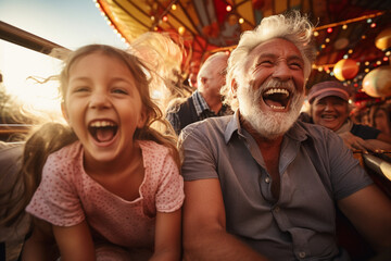 An uplifting scene of an older couple and their grandkids enjoying a lively day at an amusement park, reveling in the joy of shared laughter. - obrazy, fototapety, plakaty