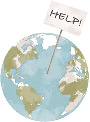 Planet Earth with help sign hand drawn illustration. Climate change concept. Global warming art. Environmental challenges concept art - 712565729