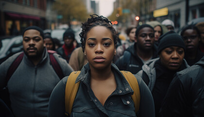 An earnest black woman  at a protest march with other people in the background evoking a sense of seriousness