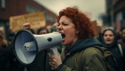 An earnest woman shouting through a megaphone at a protest march evoking a sense of empowerment