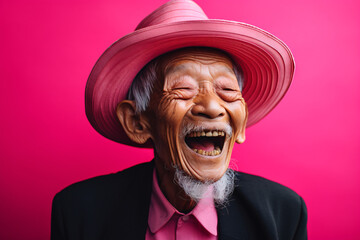 an asian old man in black hat and black sweater laughing and posing on a pink background