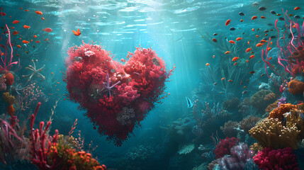 Fototapeta na wymiar An ethereal underwater world of vibrant stony coral, graceful fish, and swaying seaweed creates a breathtaking display of marine life in this heart-shaped coral reef