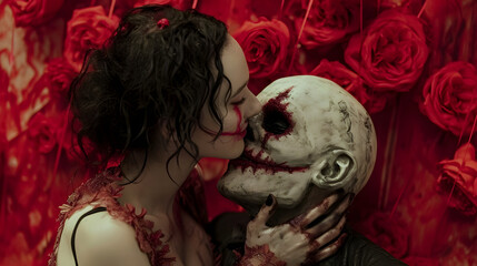 A woman indulges in a forbidden kiss with a skeleton, surrounded by the dark and twisted horror of red roses and decaying flesh in an indoor setting, as a lone flower rests upon the bony skull