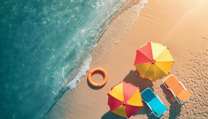 Top view of beach chairs and umbrella for summer vacation concept. - obrazy, fototapety, plakaty