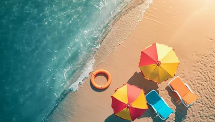 Foto op Plexiglas Top view of beach chairs and umbrella for summer vacation concept. © UMPH.CREATIVE