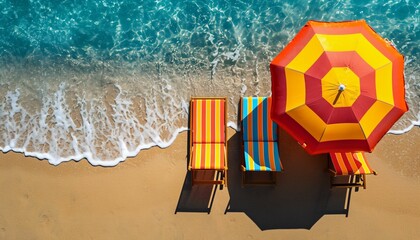 Top view of beach chairs and umbrella for summer vacation concept. - obrazy, fototapety, plakaty