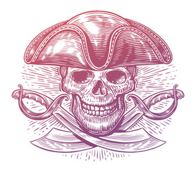 Pirate skull in hat tricorne and crossed sabers. Skeleton with blades. Hand drawn vintage vector illustration