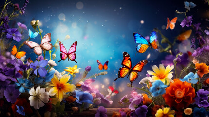 Fototapeta na wymiar Abstract natural spring background with butterflies and light colorful colorful dark meadow flowers closeup.