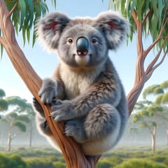 Obraz premium Serene koala in natural habitat: Australian bushland with eucalyptus tree