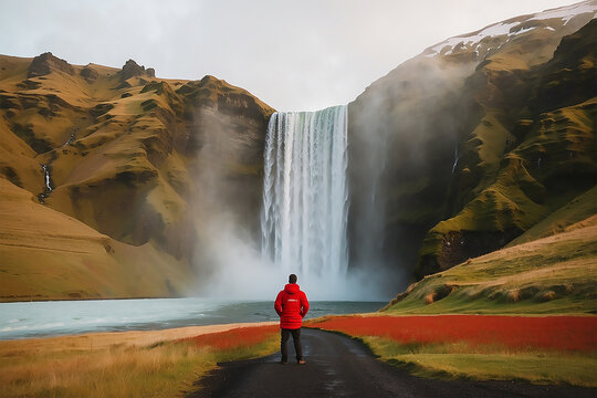 a man standing in front of a waterfall