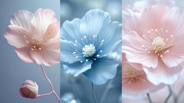  a close up of three different flowers on a blue and pink background with a white center in the middle of the image.