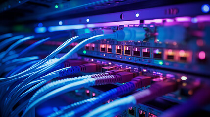 close up shoot of network cables on servers in data center