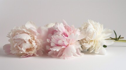  a group of white and pink peonies on a white background with one pink peonie in the foreground and the other pink peonie in the background.