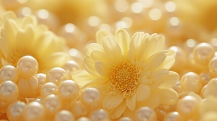  a close up of a bunch of pearls with a yellow flower in the middle of the middle of the picture.