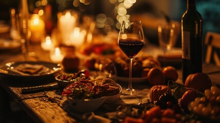  a glass of wine sitting on top of a wooden table next to a plate of food and a bottle of wine. - obrazy, fototapety, plakaty
