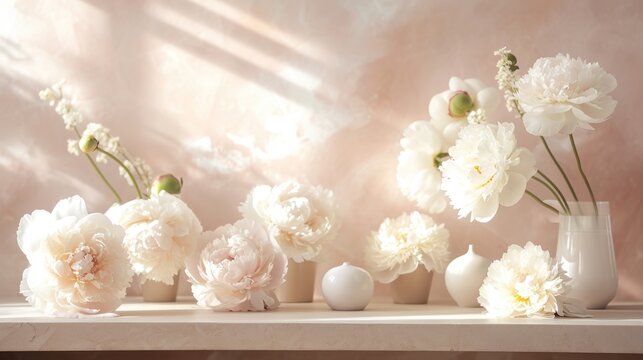  a group of white flowers sitting on top of a table next to a vase filled with white carnations.