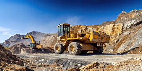 Yellow Monster: Massive Mining Machinery Working at an Open Pit Coal Quarry