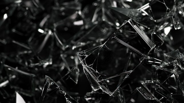  a black and white photo of a bunch of broken glass pieces that have been placed on top of each other.